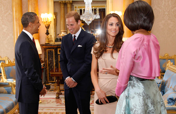 US President Barack Obama and first lady Michelle Obama meet with Britain's Prince William and Catherine, the Duke and Duchess of Cambridge, at Buckingham Palace in London. (AP)