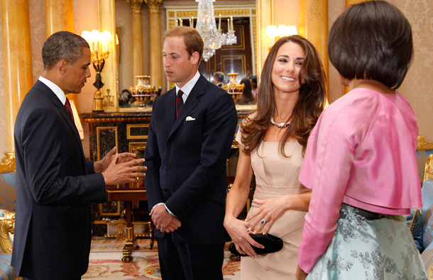 US President Barack Obama and first lady Michelle Obama meet with Britain's Prince William and Catherine, the Duke and Duchess of Cambridge, at Buckingham Palace in London. (AP)