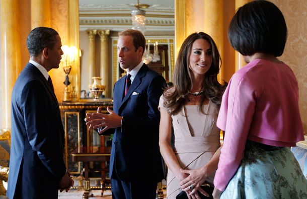 US President Barack Obama and first lady Michelle Obama meet with Britain's Prince William and Catherine, the Duke and Duchess of Cambridge, at Buckingham Palace in London. (AP)