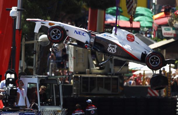 The wrecked car of Sergio Perez of Mexico and Sauber F1 is seen following his crash during qualifying for the Monaco Formula One Grand Prix at the Monte Carlo Circuit in Monte Carlo, Monaco. (GETTY/GALLO)