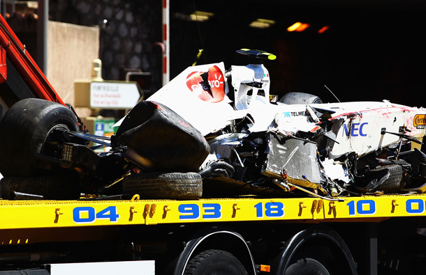 The wrecked car of Sergio Perez of Mexico and Sauber F1 is seen following his crash during qualifying for the Monaco Formula One Grand Prix at the Monte Carlo Circuit in Monte Carlo, Monaco. (GETTY/GALLO)