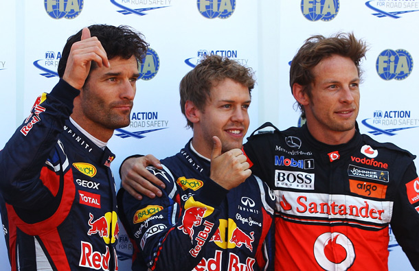 Pole sitter Sebastian Vettel (C) of Germany and Red Bull Racing celebrates with second placed Jenson Button (R) of Great Britain and McLaren and third placed Mark Webber (L) of Australia and Red Bull Racing following qualifying for the Monaco Formula One Grand Prix at the Monte Carlo Circuit in Monte Carlo, Monaco. (GETTY/GALLO)