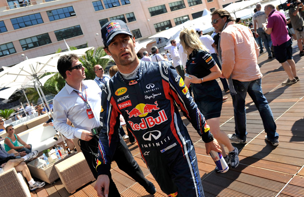 Mark Webber of Australia and Red Bull Racing arrives on the Red Bull Energy Station during the Monaco Formula One Grand Prix at the Monte Carlo Circuit in Monte Carlo, Monaco. (GETTY/GALLO)