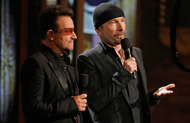 Bono, left, and The Edge of the band U2 on stage during the 65th annual Tony Awards in New York. (AP)