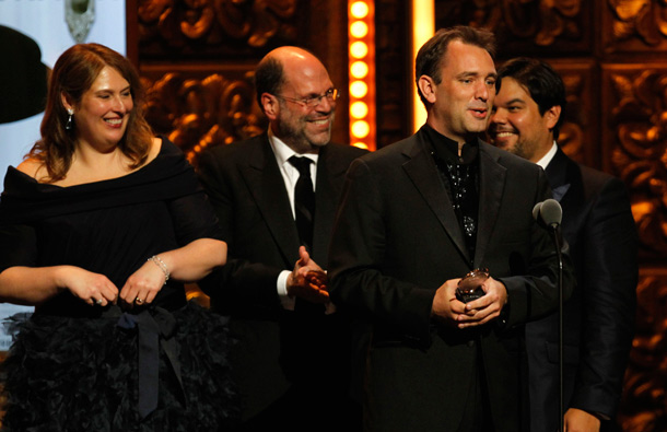 Trey Parker, right, and producers accept the Best Musical award for "The Book of Mormon" during the 65th annual Tony Awards in New York. (AP)