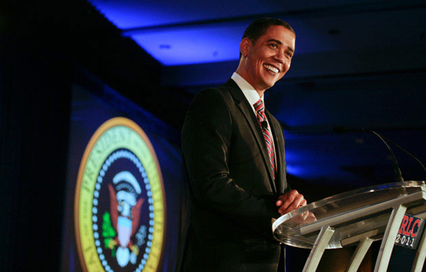 Reggie Brown, impersonating President Barack Obama, speaks during the 2011 Republican Leadership Conference in New Orleans, Louisiana. (REUTERS)