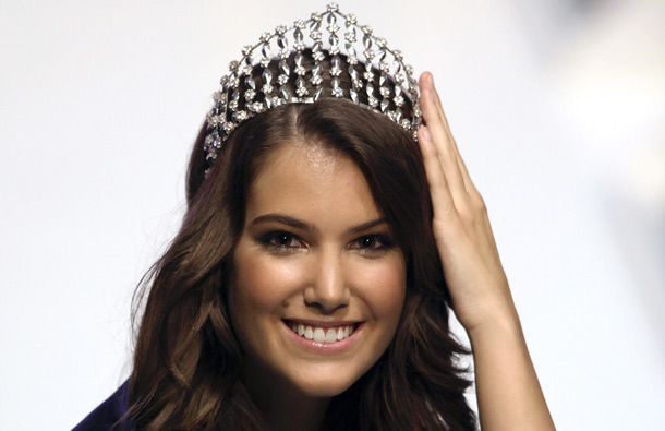 New-elected Miss World Hungary 2011, 19-year-old student Linda Szunai, poses with her victory crown in Budapest. (AFP)