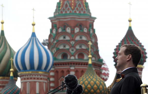 Moscow, Russia: Russia's President Medvedev delivers a speech during a military parade in Red Square on Victory Day in Moscow. (REUTERS)