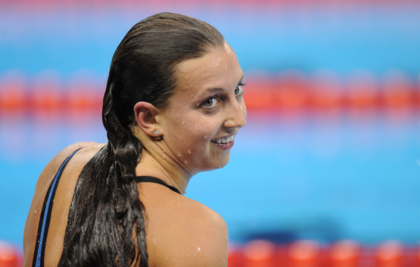 US swimmer Rebecca Soni smiles after she competed in the semi-finals of the women's 100-metre breaststroke swimming event in the FINA World Championships at the indoor stadium of the Oriental Sports Center in Shanghai. (AFP)