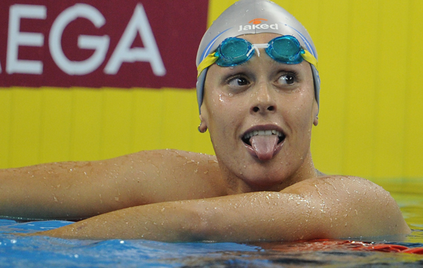 Italy's Federica Pellegrini reacts after she competed in the final of women's 400-metre freestyle swimming event in the FINA World Championships at the indoor stadium of the Oriental Sports Center, in Shanghai. (AFP)