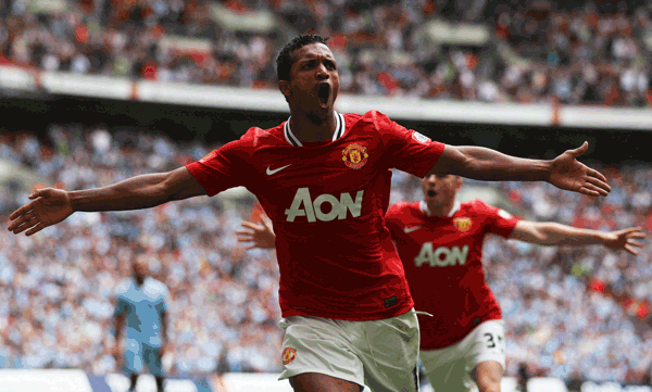 Manchester United's Nani celebrates scoring the equaliser during the FA Community Shield match against Manchester City at Wembley Stadium on Sunday in London, England. (GETTY)