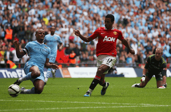 Luis Nani of Manchester United scores the winner during the FA Community Shield match against Manchester City at Wembley Stadium on Sunday in London, England. (GETTY)