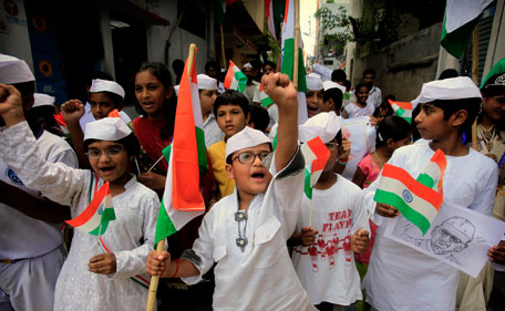 Indian schoolchildren participate in a rally to support social-activist Anna Hazare against corruption on Independence Day in Hyderabad, India, Monday, Aug. 15, 2011. (AP)