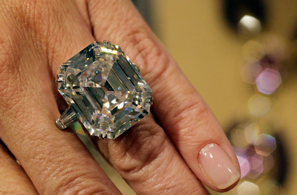 "The Elizabeth Taylor Diamond" from her  estate, a 33.19 carat, D color, VS1 claity, a gift of Richard Burton, estimated at $2,500,000 - $3,500,000, is shown in this photograph at Christie's. (AP)