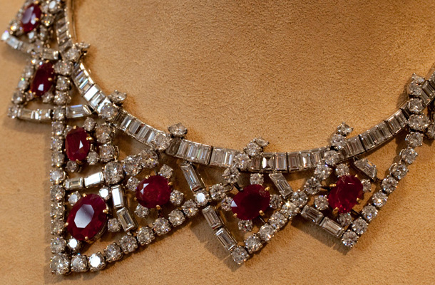 Elizabeth Taylor's ruby and diamond necklace, a gift of Mike Todd, estimated at $200,000 - $300,000, is shown in this photograph at Christie's, in New York. (AP)