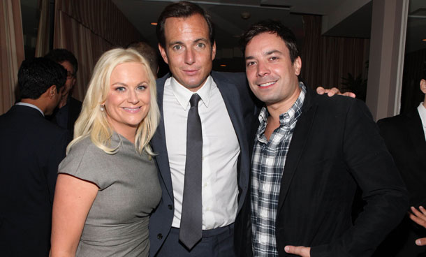 In this photo taken by AP Images for 42Below Vodka, from left, Amy Poehler, Will Arnett, and Jimmy Fallon are seen at Broadway Video's Pre-Emmy Party hosted by 42Below Vodka at the Sunset Tower Hotel on Saturday, Sept 17, 2011, in West Hollywood, Calif. (AP)