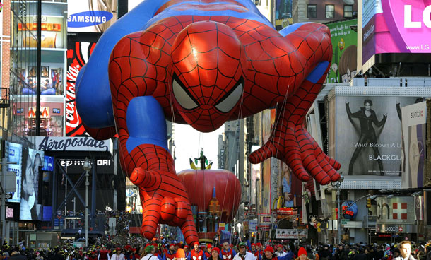 The Spiderman balloon as it makes its way down Seventh through Times Square during the 85th Macy's Thanksgiving Day Parade in New York November 24, 2011. The parade, which has been an annual event since 1924, is expected to draw an estimated 3 million spectators and 50 million television viewers, according the retail store. (AFP)