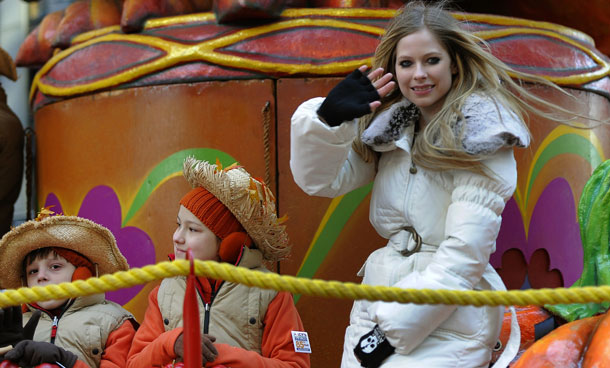 Singer Avril Lavigne on a float during the 85th Macy's Thanksgiving Day Parade in New York November 24, 2011. The parade, which has been an annual event since 1924, is expected to draw an estimated 3 million spectators and 50 million television viewers, according the retail store. (AFP)