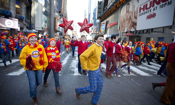 Macy's Thanksgiving Day parade participants march through Times Square on November 24, 2011 in New York City. The 85th annual event is the second oldest Thanksgiving Day parade in the US. (AFP)