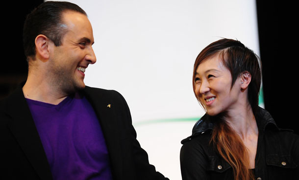 Japanese dancer and choreographer Motoko Hirayama (R) and Romanian contemporary dancer Razvan Mazilu (L) smile to each other during a press conference two days ahead of the premiere of their  “Requiem. You don’t know anything about me” ballet show at the Odeon Theater  in Bucharest on November 22, 2011. (AFP)