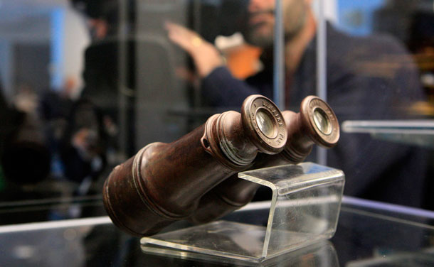 A pair of binoculars recovered from the RMS Titanic is on display during the Titanic Auction preview by Guernsey's Auction House in New York, January 5, 2012. The biggest collection of Titanic artifacts is to be sold off as a single lot in an auction timed for the 100th anniversary in April of the sinking of the famed ocean liner.  (REUTERS)