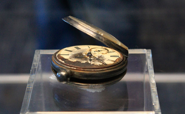 A pocket watch recovered from the RMS Titanic is on display during the Titanic Auction preview by Guernsey's Auction House in New York, January 5, 2012. The biggest collection of Titanic artifacts is to be sold off as a single lot in an auction timed for the 100th anniversary in April of the sinking of the famed ocean liner.  (REUTERS)