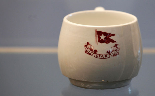 A cup recovered  from the RMS Titanic is displayed during the Titanic Auction preview by Guernsey's Auction House in New York, January 5, 2012. The biggest collection of Titanic artifacts will be sold off as a single lot in an auction timed for the 100th anniversary in April of the sinking of the famed ocean liner.  (REUTERS)