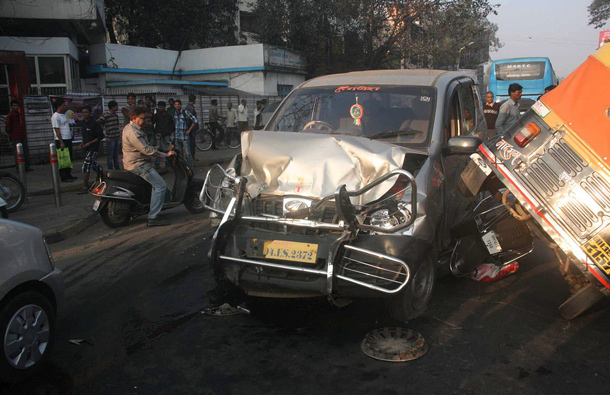 Wreckage of an auto rickshaw and car  after nine people were killed and 27 injured  when a bus driver went on a rampage in the western Indian city of Pune, Maharastra on 25 January 2012  ramming vehicles and hitting pedestrians. At least 40 vehicles were damaged. The 27 injured have been admitted to three hospitals in the city.