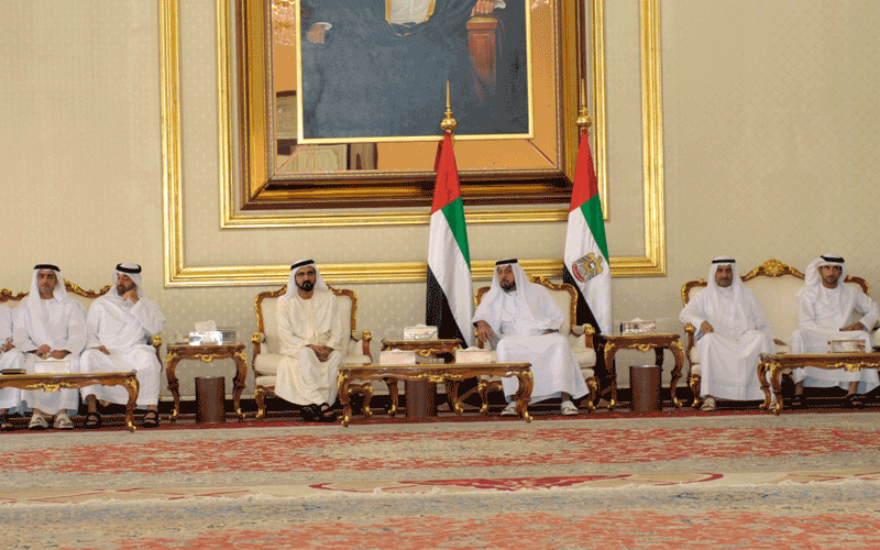 Sheikh Khalifa receives Sheikh Mohammed and Sheikh Hamad bin Mohammed Al Sharqi at Al Bateen Palace in Abu Dhabi (Wam)