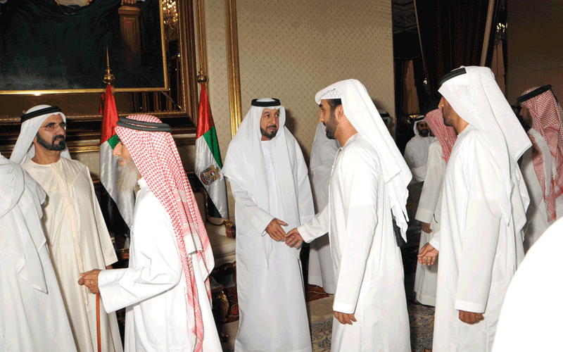 Sheikh Khalifa receives Sheikh Mohammed and Sheikh Hamad bin Mohammed Al Sharqi at Al Bateen Palace in Abu Dhabi (Wam)