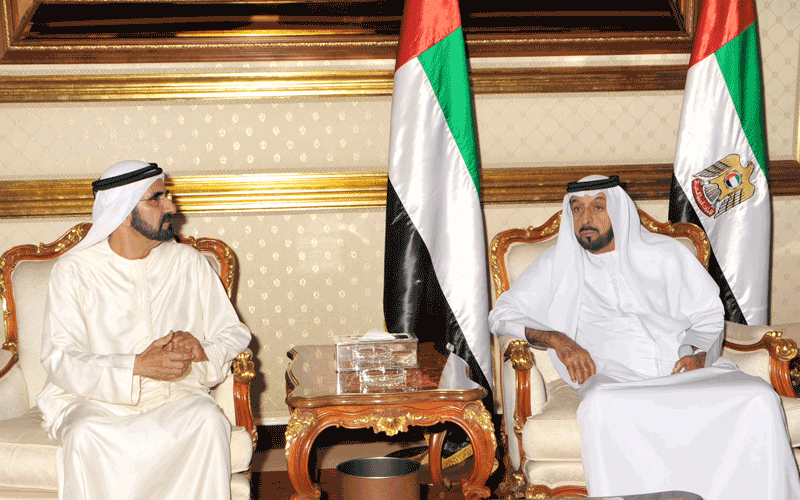 Sheikh Khalifa receives Sheikh Mohammed and Sheikh Hamad bin Mohammed Al Sharqi at Al Bateen Palace in Abu Dhabi (Wam)