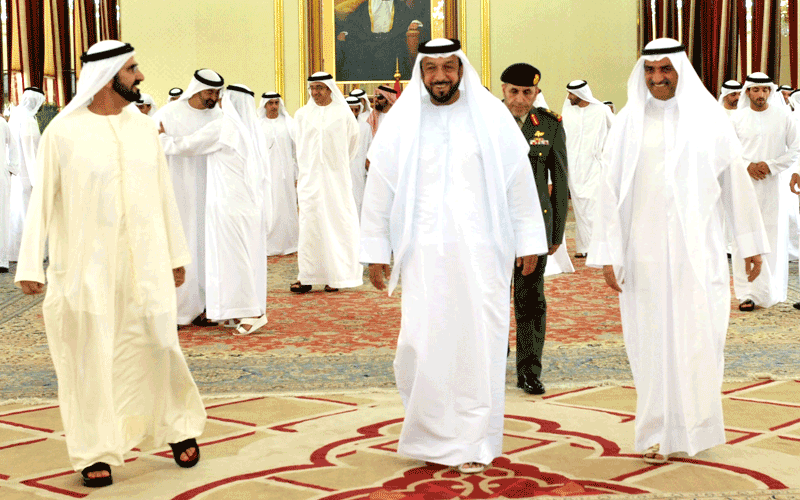 Sheikh Khalifa receives Sheikh Mohammed and Sheikh Hamad bin Mohammed Al Sharqi at Al Bateen Palace in Abu Dhabi (Wam)