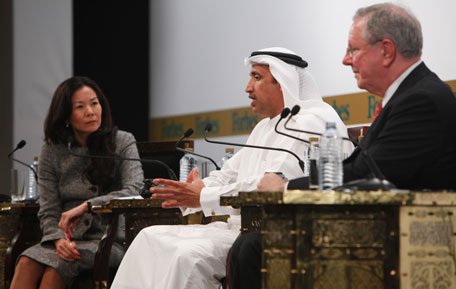 H.E. Mohammed Al Shaibani, Director General of H.H. The Ruler’s Court, Government of Dubai and CEO & Executive Director, Investment Corporation of Dubai (middle); with Steve Forbes, Chairman and Editor-in-Chief, Forbes Media (right), and Cecilia Zecha, Senior Director, Programming, Forbes Asia at the opening session of the Forbes Global CEO Conference titled ‘A Meeting of Minds’ in Dubai on Sunday. (SUPPLIED)