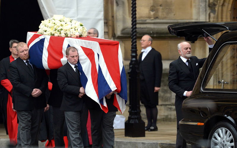 Pallbearers carry the coffin of former British prime minister Margaret Thatcher as it leaves the Chapel of St Mary Undercroft in the Palace of Westminster during her funeral procession in London. Thatcher, who was Conservative prime minister between 1979 and 1990, died on April 8 at the age of 87. (Reuters)