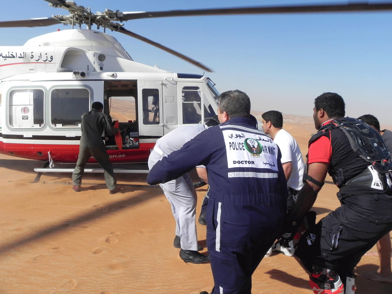 The Police Air Wing rescuing the injured motorcyclist from the sand dunes of Al Vaah in Sharjah.