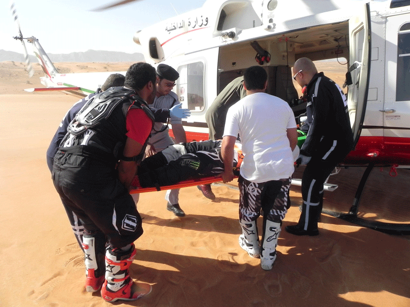 The Police Air Wing rescuing the injured motorcyclist from the sand dunes of Al Vaah in Sharjah.