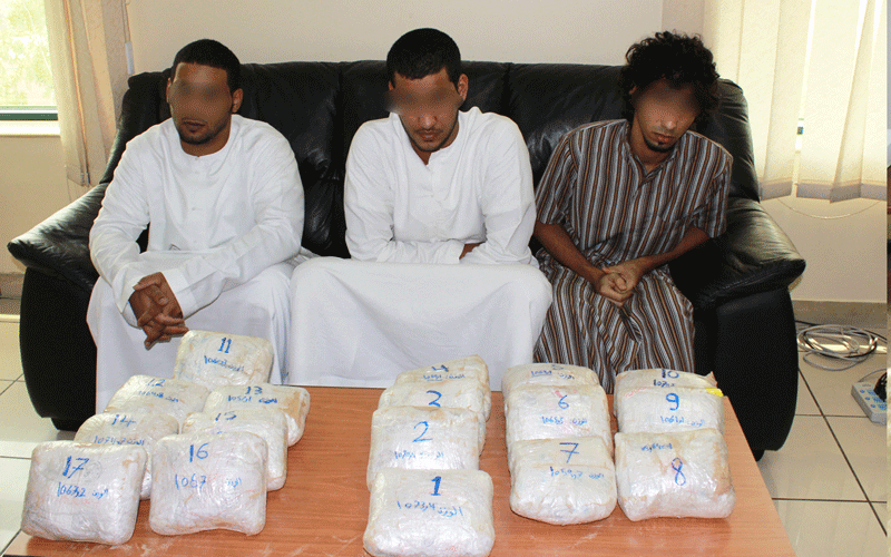 Three of the five people arrested by Sharjah Police for possession of narcotic drugs.