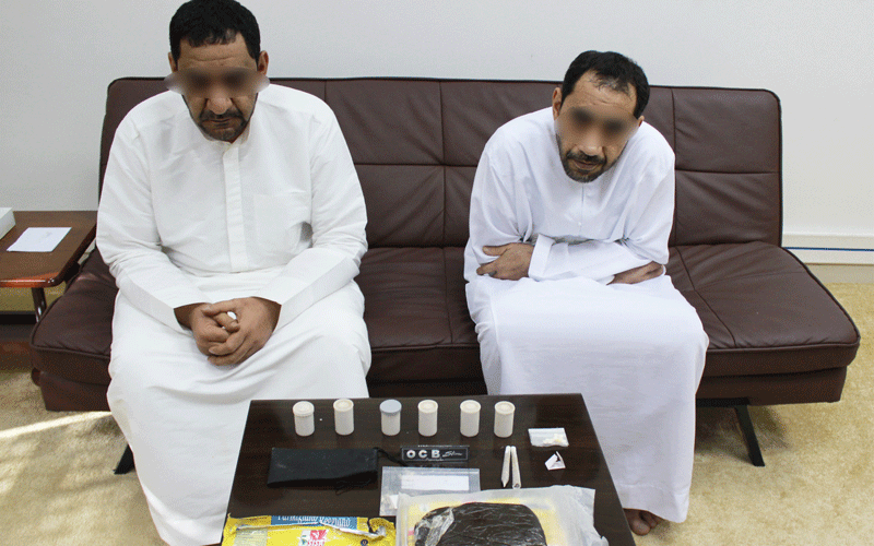 Two of the five people arrested by Sharjah Police for possession of narcotic drugs.