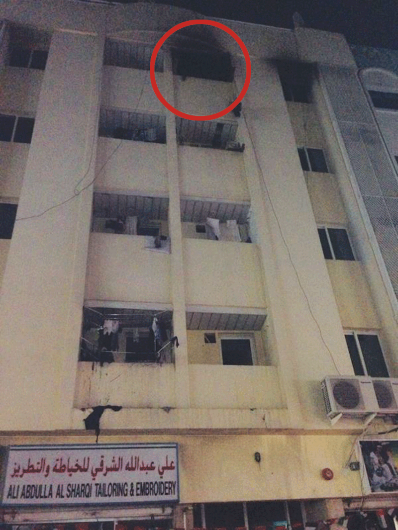 The building in Deira, Dubai in which a fire broke out killing an Indian youth. The flat in which the fire started is circled in red.