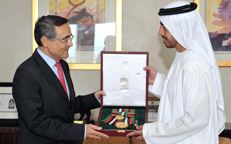 Alain Azouaou, France's Ambassador to the UAE, receiving the First Class Order of Zayed II from Sheikh Abdullah bin Zayed Al Nahyan, UAE Foreign Minister, in Abu Dhabi on Thursday. (Wam)