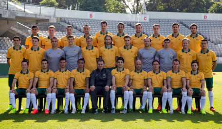 Members of the Australian Socceroos national soccer team pose before a training session in Sydney in this May 23, 2014 file photo. (REUTERS)