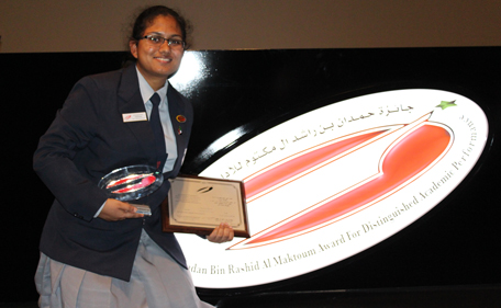 Annalie Gracias poses with 'The Hamdan Bin Rashid Award for Distinguished Academic Performance', 2013-2014. (SUPPLIED)