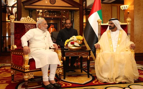 Sheikh Mohammed bin Rashid Al Maktoum with Indian Prime Minister Narendra Modi in Dubai on Monday. (Wam)