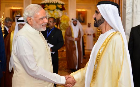 Sheikh Mohammed bin Rashid Al Maktoum with Indian Prime Minister of India Narendra Modi in Dubai on Monday. (Wam)