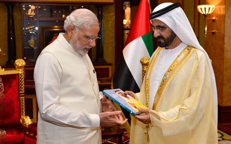 Sheikh Mohammed bin Rashid Al Maktoum with Indian Prime Minister of India Narendra Modi in Dubai on Monday. (Wam)