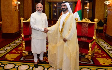 Sheikh Mohammed bin Rashid Al Maktoum with Indian Prime Minister of India Narendra Modi in Dubai on Monday. (Wam)