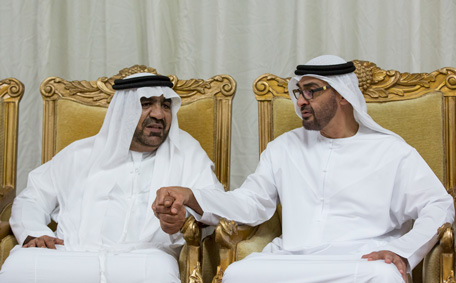 Sheikh Mohamed bin Zayed Al Nahyan, Crown Prince of Abu Dhabi and Deputy Supreme Commander of the UAE Armed Forces (R), offers condolences to the family of martyr Mohamed Ali Al Hosani, who passed away while serving the UAE Armed Forces in Yemen. 
( Ryan Carter / Crown Prince Court - Abu Dhabi)