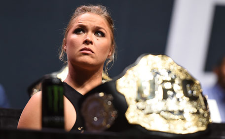 UFC women's bantamweight champion Ronda 'Rowdy' Rousey looks to the crowd during the UFC's Go Big launch event inside MGM Grand Garden Arena on September 4, 2015 in Las Vegas, Nevada. (Zuffa LLC via Getty Images)