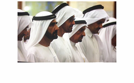 Highness Sheikh Mohammed bin Rashid Al Maktoum, Vice-President and Prime Minister of the UAE and Ruler of Dubai, and His Highness Sheikh Mohamed bin Zayed Al Nahyan, Crown Prince of Abu Dhabi and Deputy Supreme Commander of the UAE Armed Forces, perform prayers (Wam)