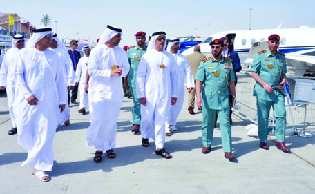 Lt. General Sheikh Saif bin Zayed Al Nahyan, Deputy Prime Minister and Minister of Interior, visits Dubai Air Show. (Al Bayan)